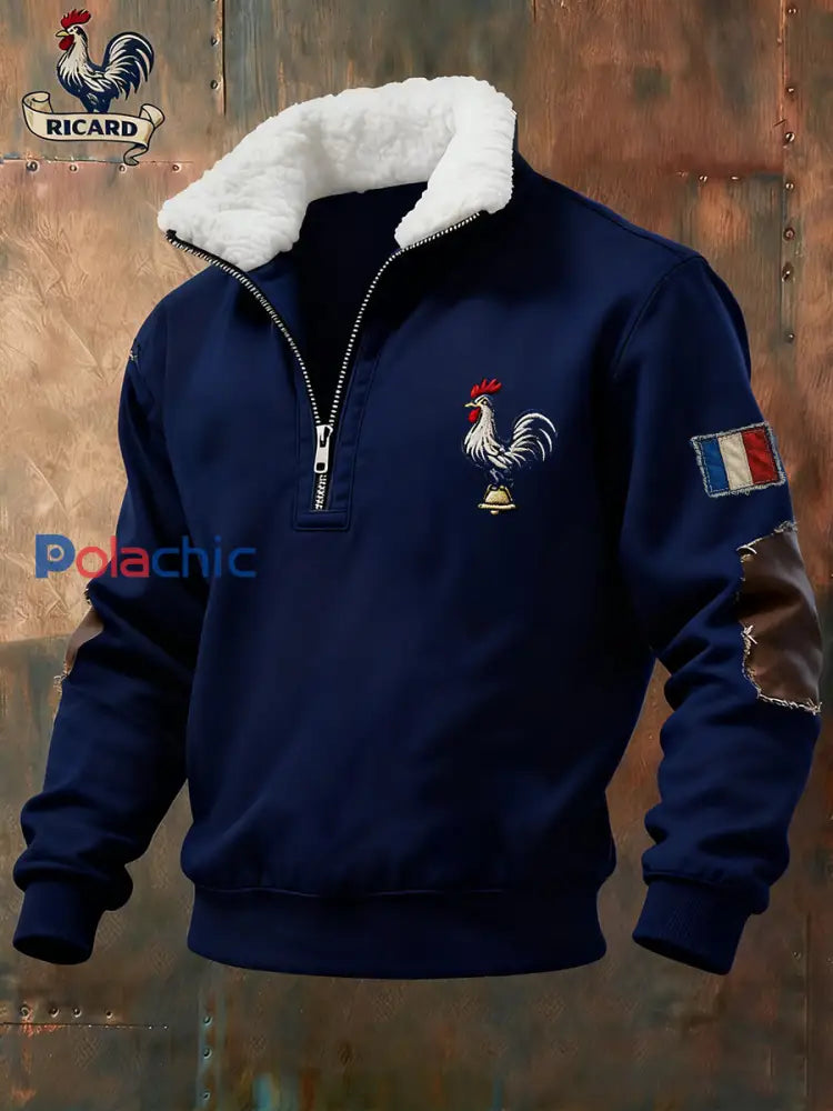 Sweat-shirt à col en fourrure zippé décontracté Ricard pour homme drapeau français vintage A / S