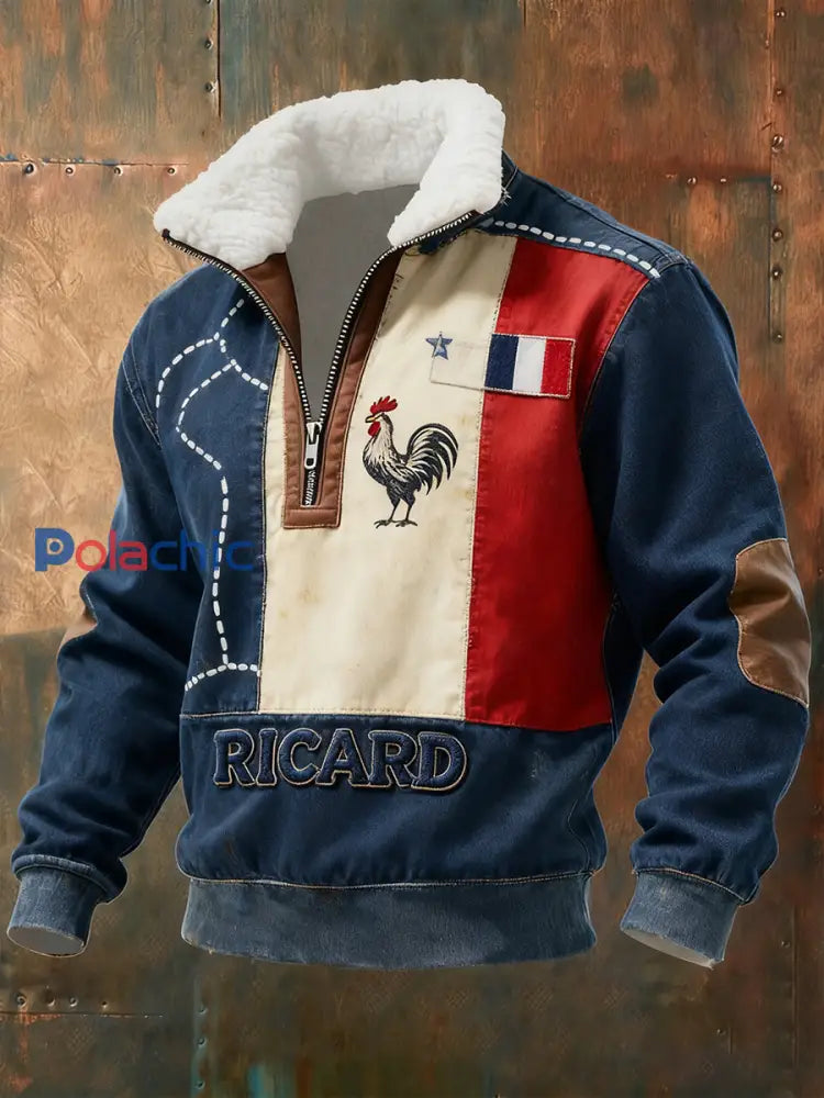 Sweat-shirt à col en fourrure zippé décontracté Ricard pour homme drapeau français vintage A / S