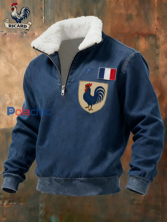 Sweat-shirt à col en fourrure zippé décontracté Ricard pour homme drapeau français vintage A / S