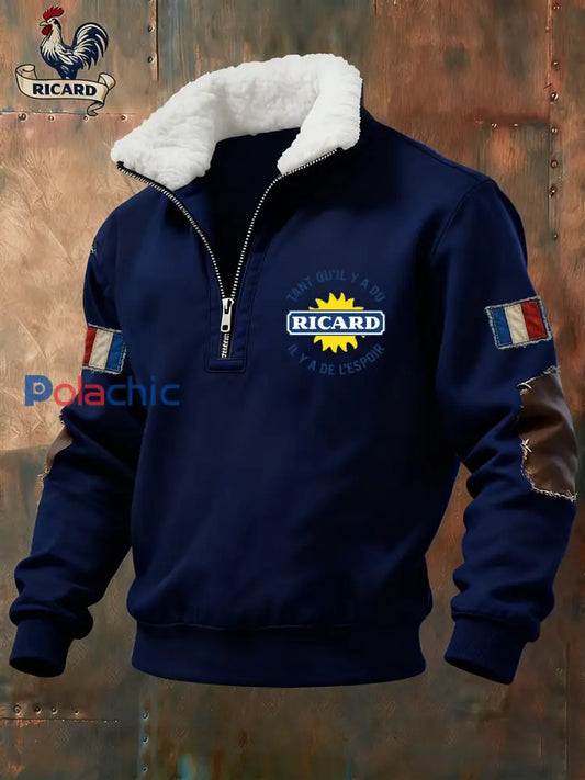 Sweat-shirt à col en fourrure zippé décontracté Ricard pour homme drapeau français vintage A / S