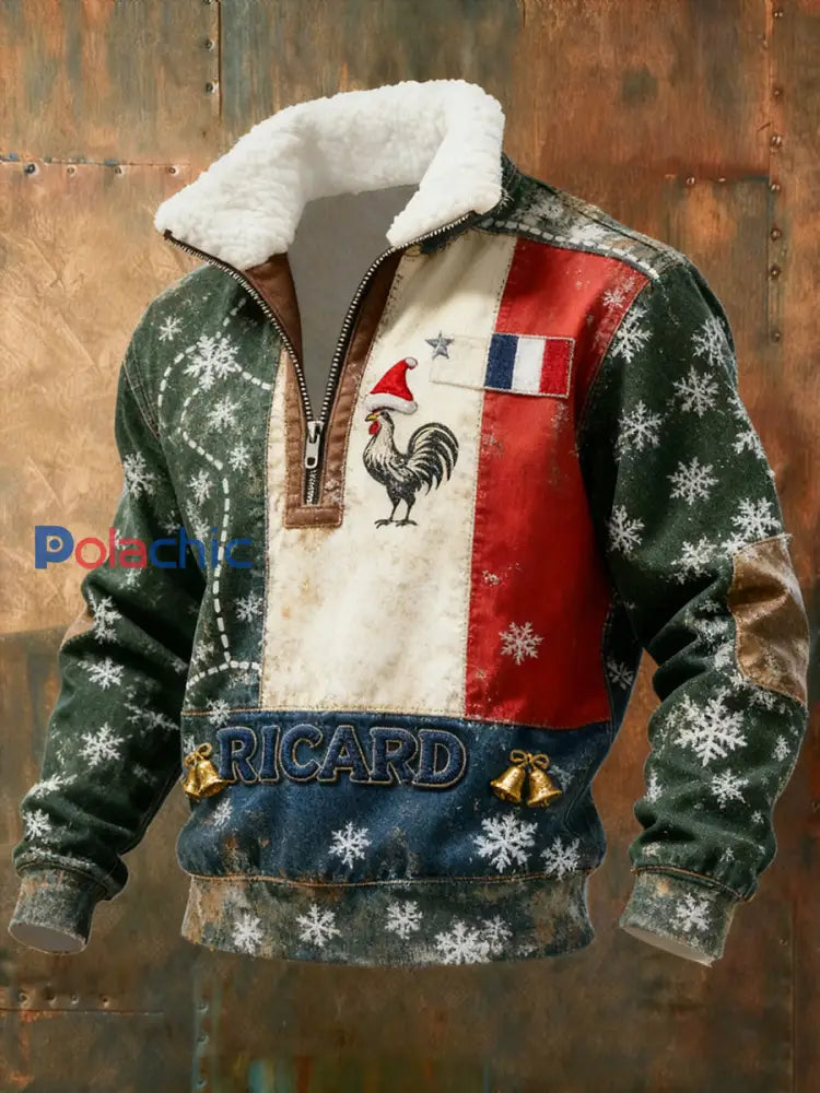 Sweat-shirt à col en fourrure zippé décontracté Ricard pour homme drapeau français vintage A / S