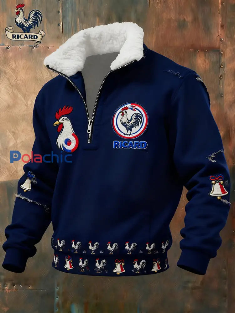 Sweat-shirt à col en fourrure zippé décontracté Ricard pour homme drapeau français vintage A / S