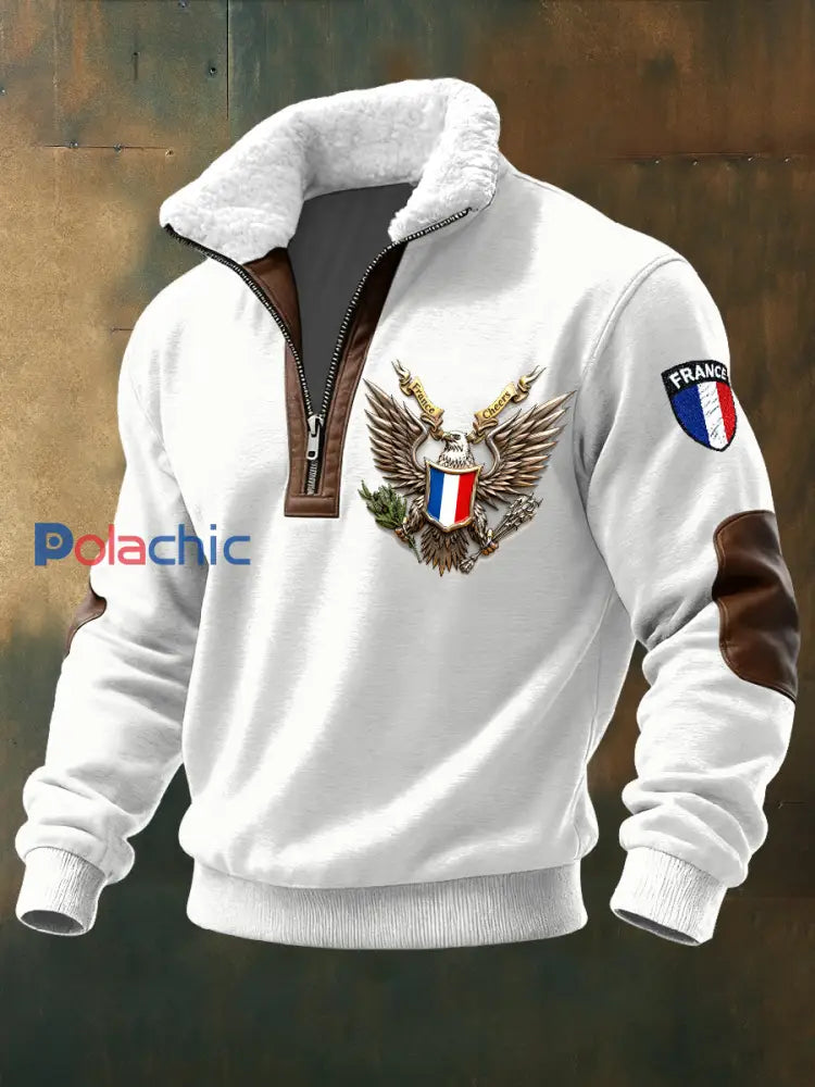 Sweat-shirt à col montant décontracté pour homme drapeau français Blanc / S