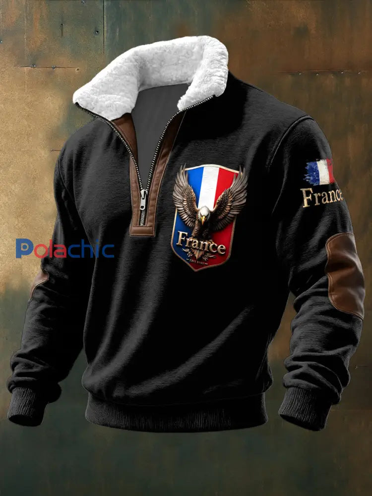 Sweat-shirt à col montant drapeau français pour homme Noir / S