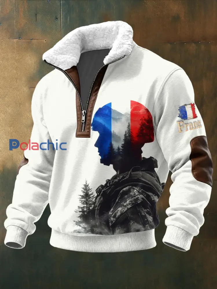 Sweat-shirt à col montant militaire pour homme Drapeau français Blanc / S