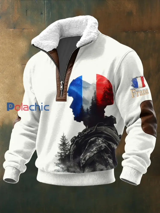 Sweat-shirt à col montant militaire pour homme Drapeau français Blanc / S
