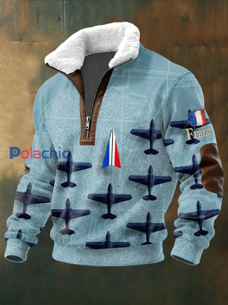 Sweat-shirt à col montant pour homme avec design avion français Bleu-Vert / S