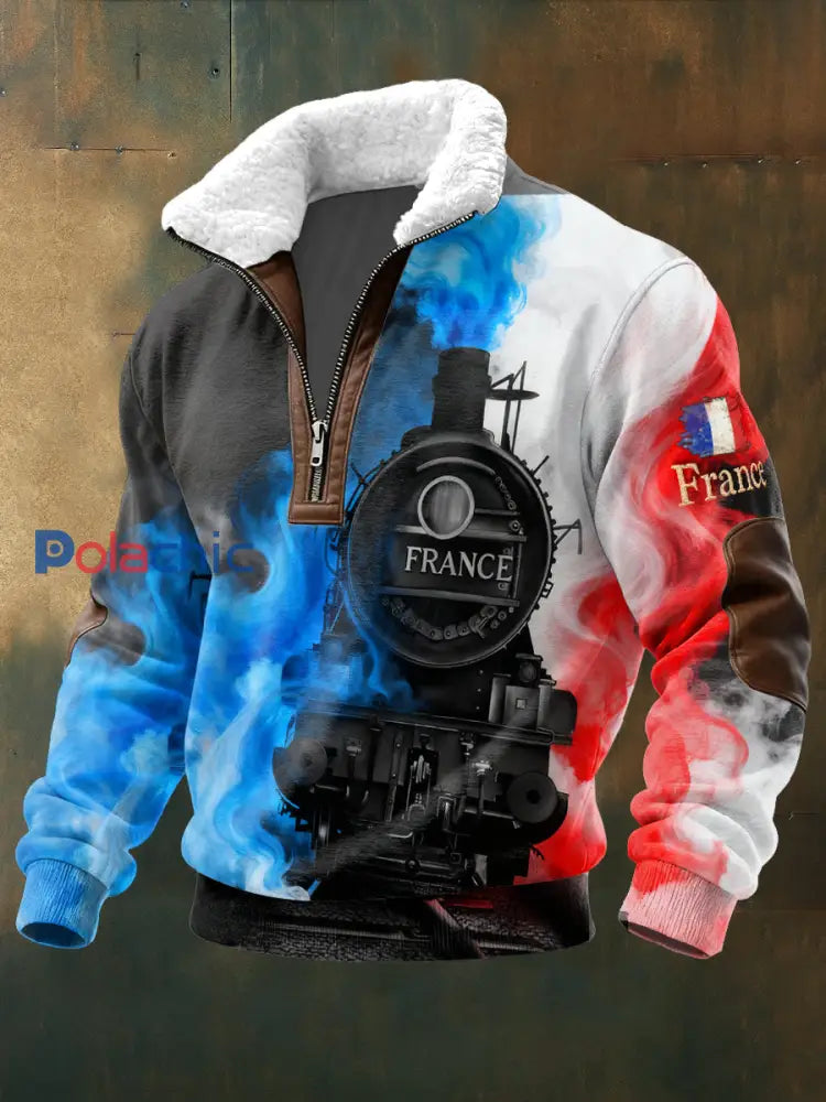 Sweat-shirt à col montant pour homme avec motif train drapeau français Multicolore / S