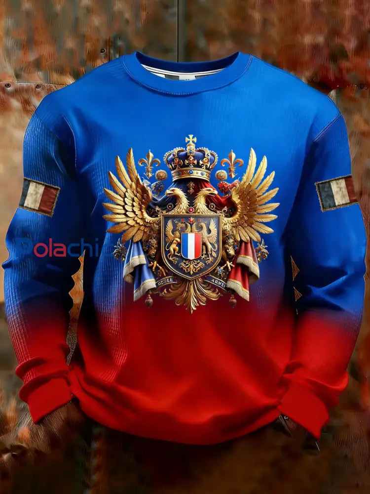 Sweat-shirt à col ras du cou gaufré à imprimé français pour hommes Bleu-Rouge / S