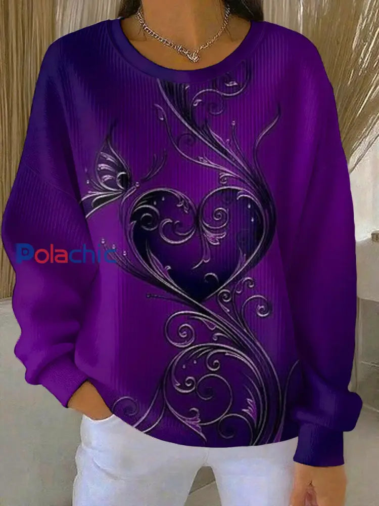 Sweat-shirt à col rond côtelé imprimé floral violet vintage pour femme Violet / S