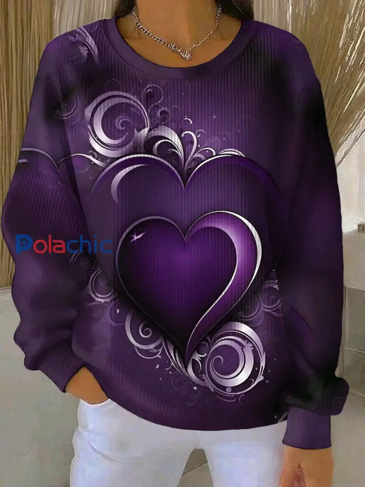 Sweat-shirt à col rond côtelé imprimé floral violet vintage pour femme Violet / S
