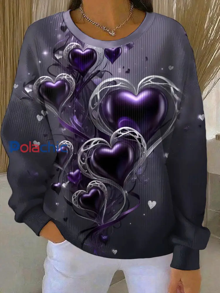 Sweat-shirt à col rond côtelé imprimé floral violet vintage pour femme Violet / S