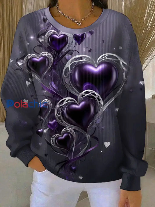 Sweat-shirt à col rond côtelé imprimé floral violet vintage pour femme Violet / S