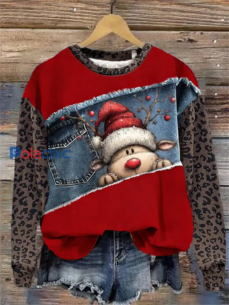 Sweat-shirt à Imprimé Art de Noël pour Femme Rouge / S