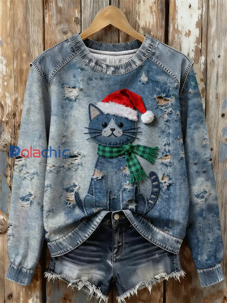 Sweat-shirt à imprimé chat rétro de Noël pour femmes comme image / S