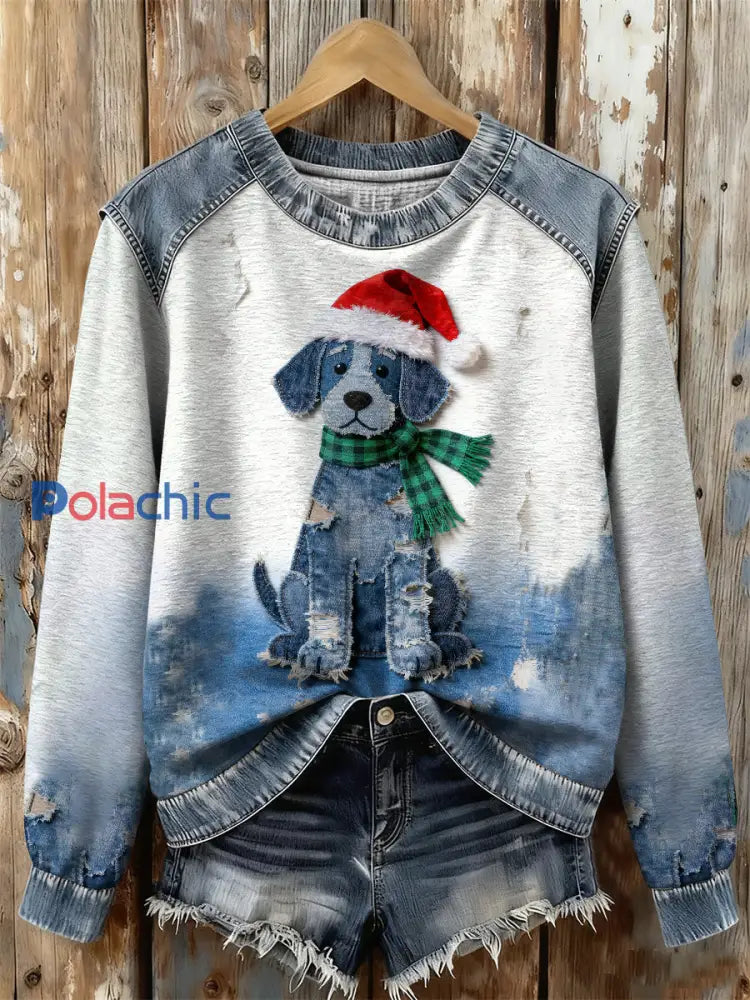 Sweat-shirt à imprimé chien rétro de Noël pour femmes comme image / S