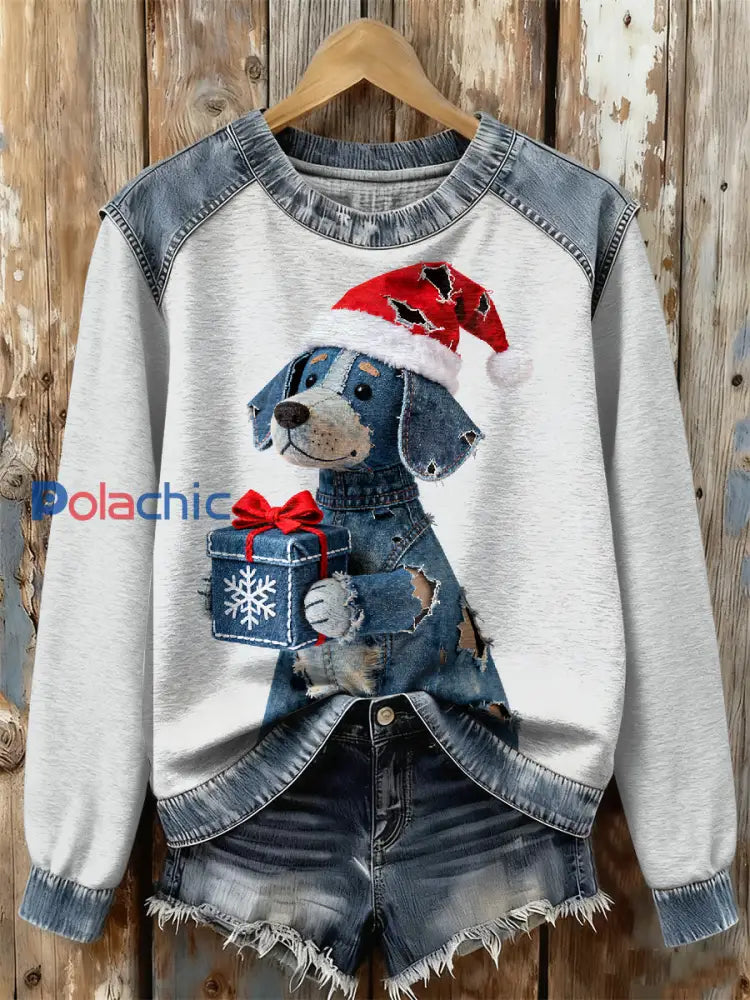 Sweat-shirt à imprimé chien rétro de Noël pour femmes comme image / S