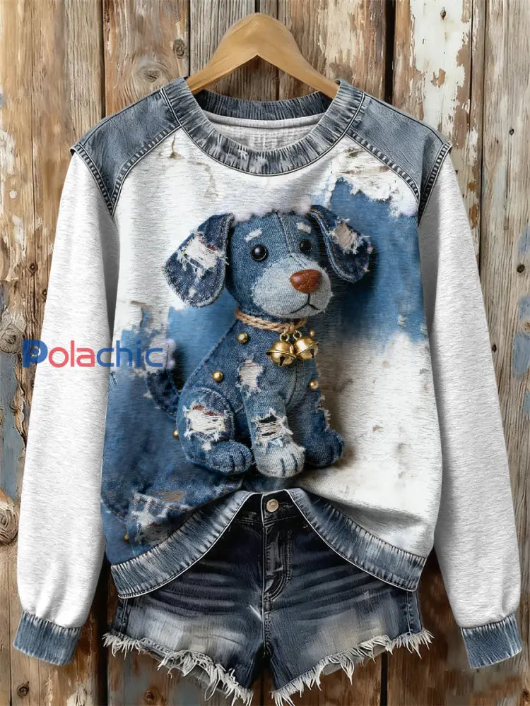 Sweat-shirt à imprimé chien rétro de Noël pour femmes comme image / S