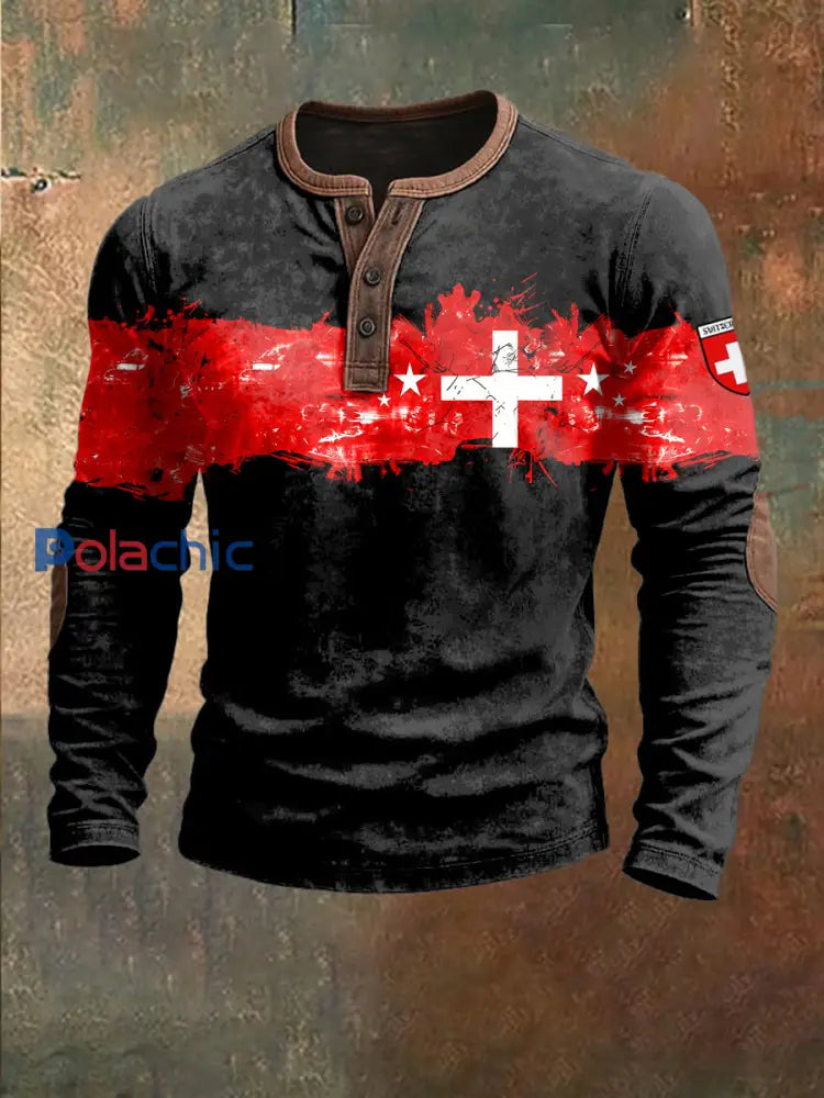 Sweat-shirt à imprimé drapeau suisse pour hommes Noir / S