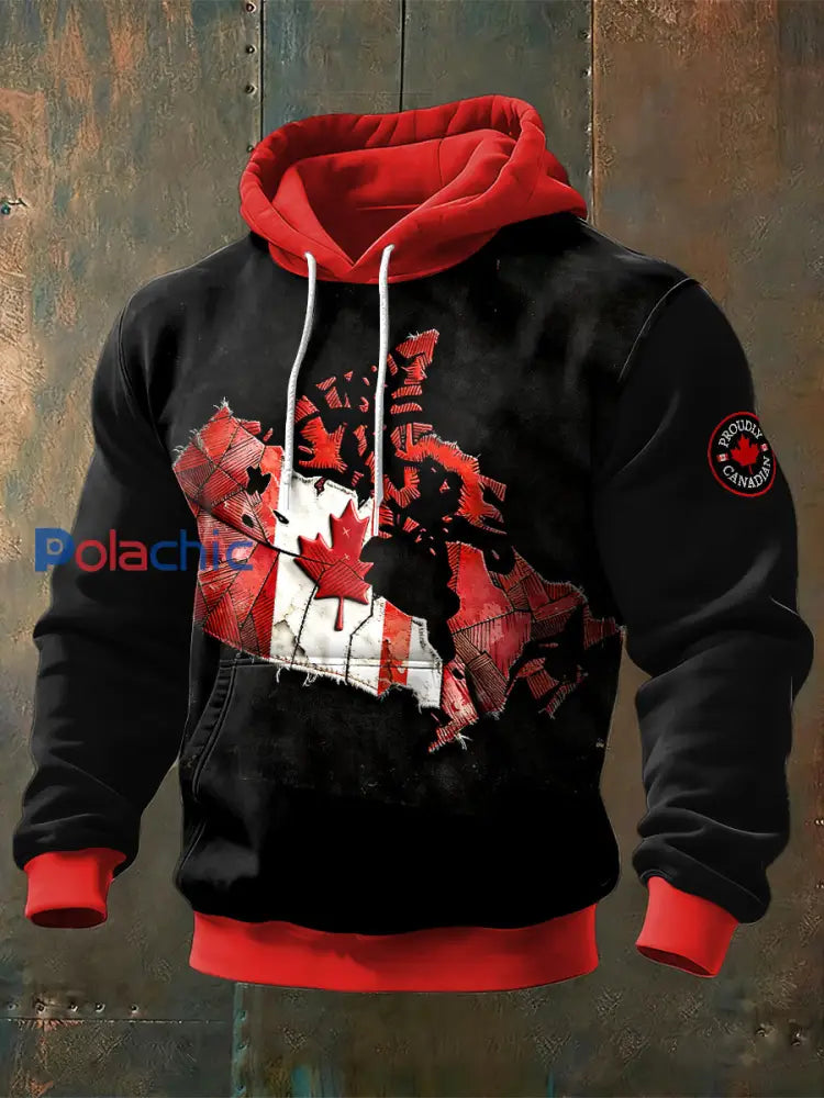 Sweat-shirt à imprimé patchwork drapeau canadien pour hommes Noir / S