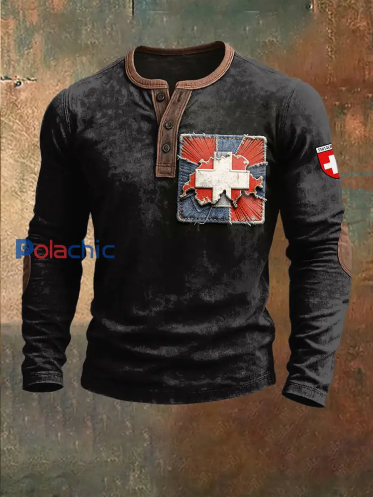 Sweat-shirt à imprimé patchwork en denim avec drapeau suisse pour hommes Noir / S