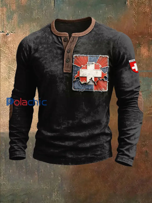 Sweat-shirt à imprimé patchwork en denim avec drapeau suisse pour hommes Noir / S