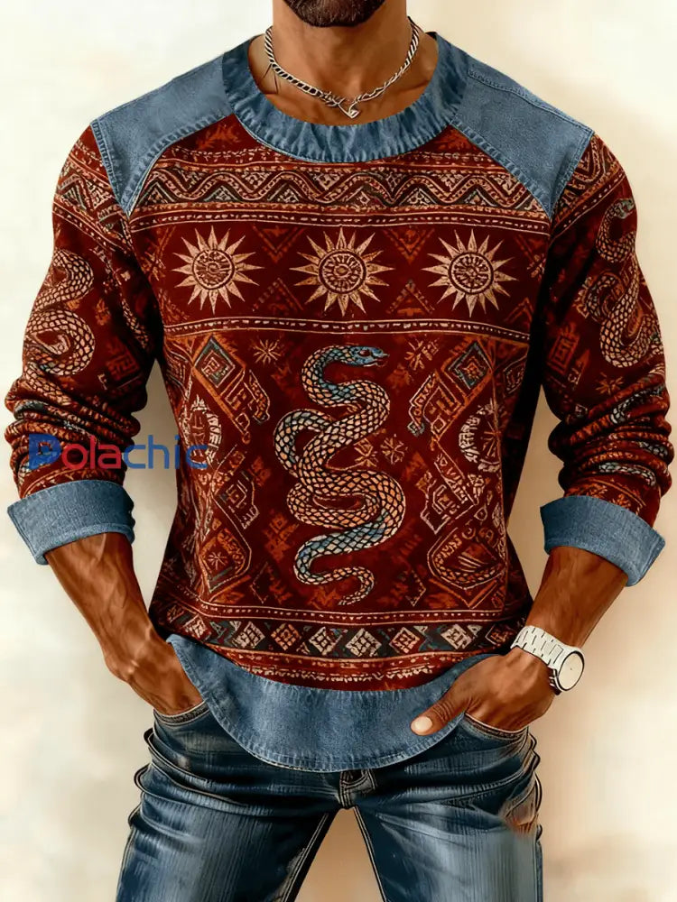 Sweat-shirt à imprimé patchwork vintage en denim western pour hommes comme image / S