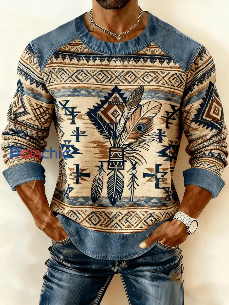 Sweat-shirt à imprimé patchwork vintage en denim western pour hommes comme image / S