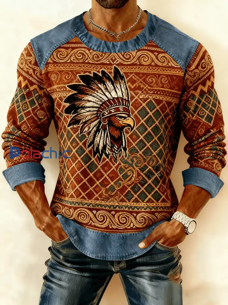 Sweat-shirt à imprimé patchwork vintage en denim western pour hommes comme image / S