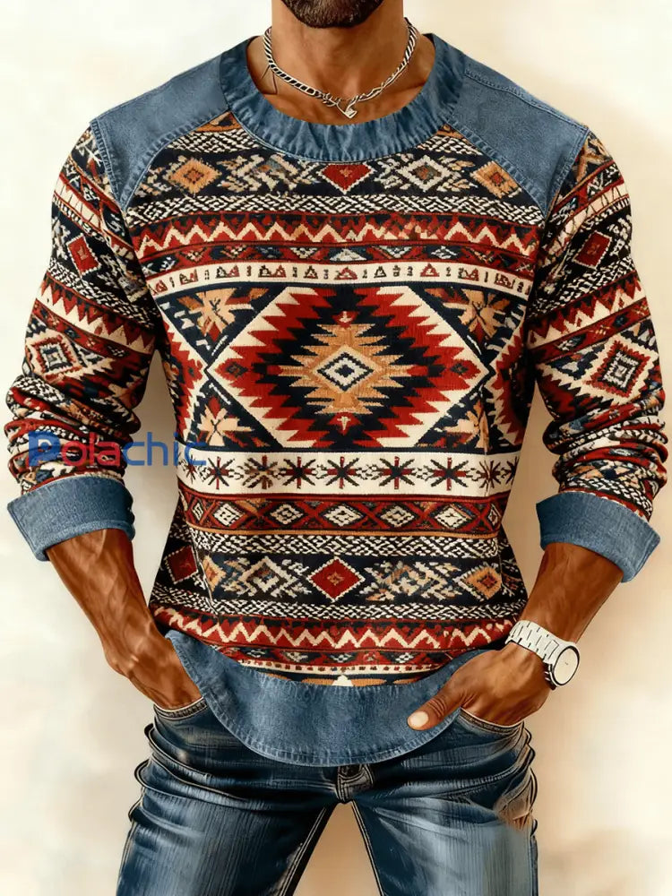 Sweat-shirt à imprimé patchwork vintage en denim western pour hommes comme image / S