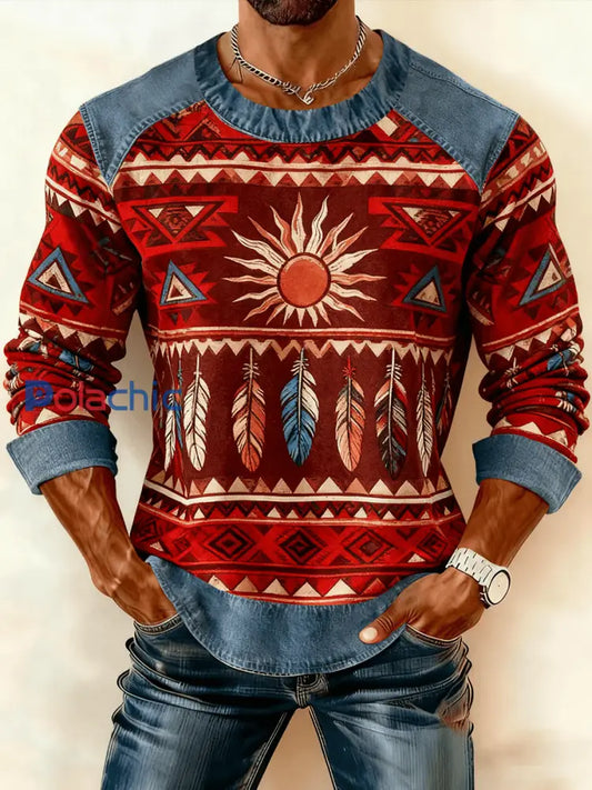 Sweat-shirt à imprimé patchwork vintage en denim western pour hommes comme image / S