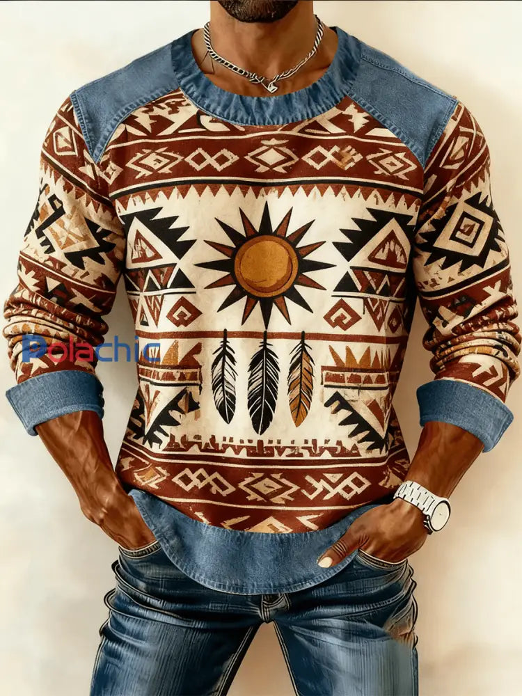 Sweat-shirt à imprimé patchwork vintage en denim western pour hommes comme image / S