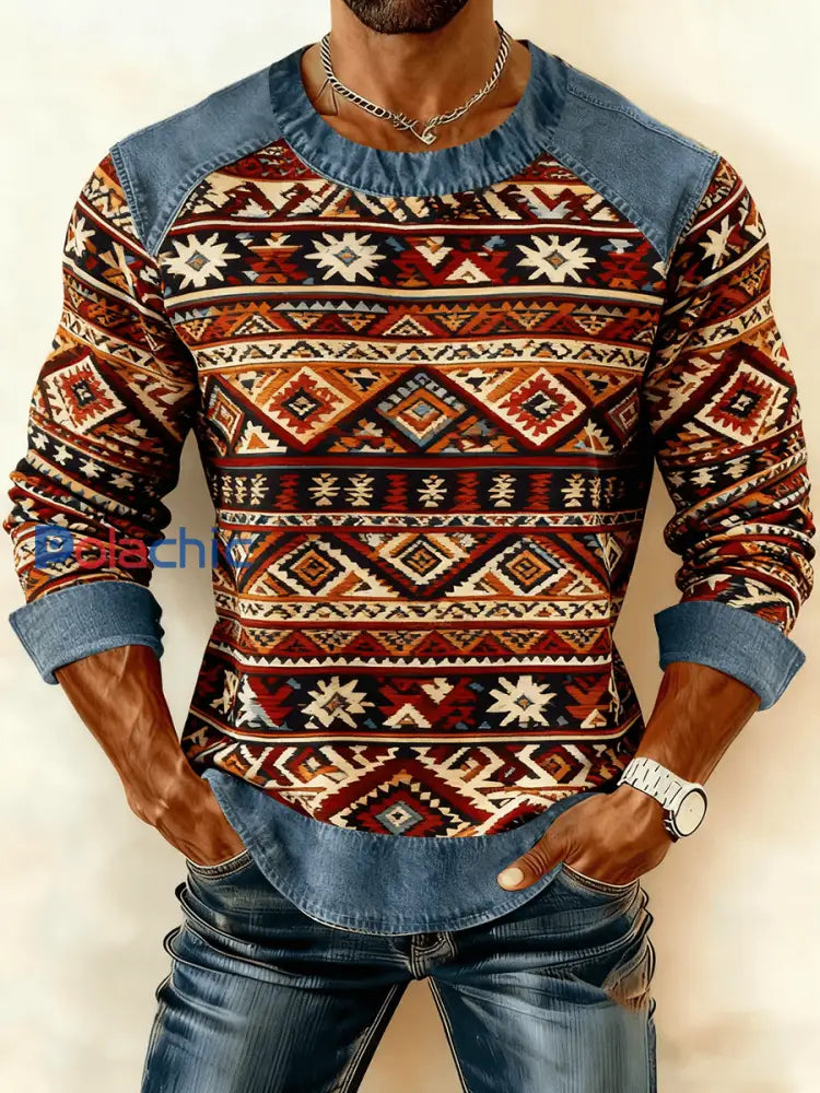 Sweat-shirt à imprimé patchwork vintage en denim western pour hommes comme image / S