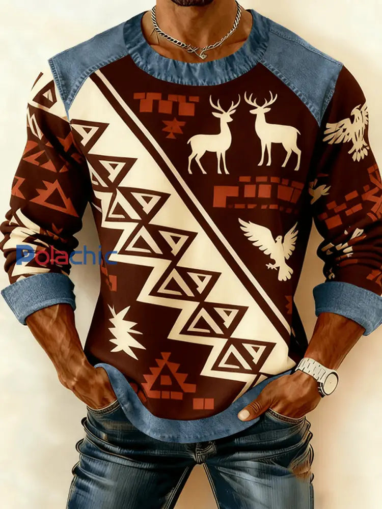 Sweat-shirt à imprimé patchwork vintage en denim western pour hommes comme image / S