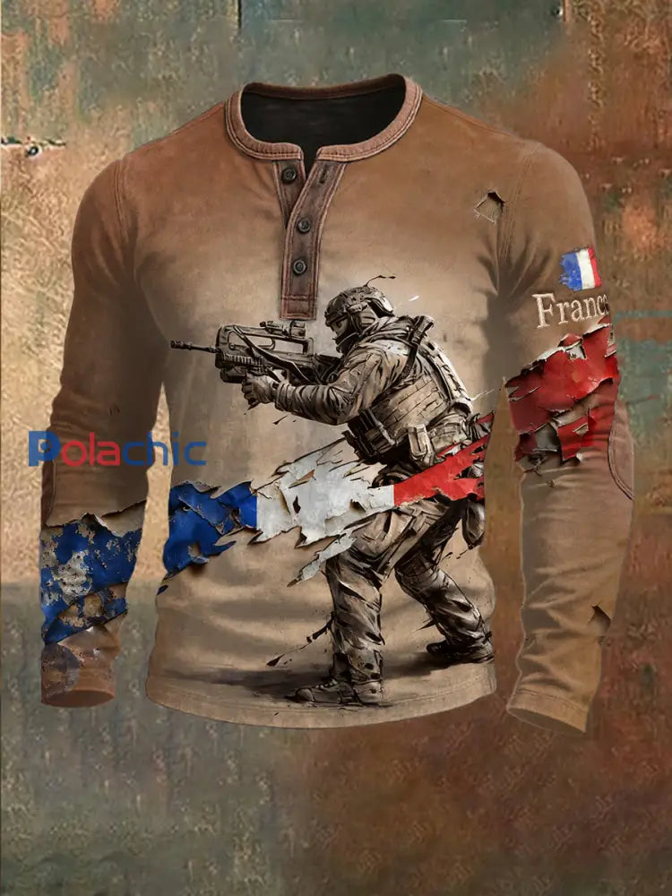 Sweat-shirt à manches longues en patchwork pour homme drapeau militaire français Café / S