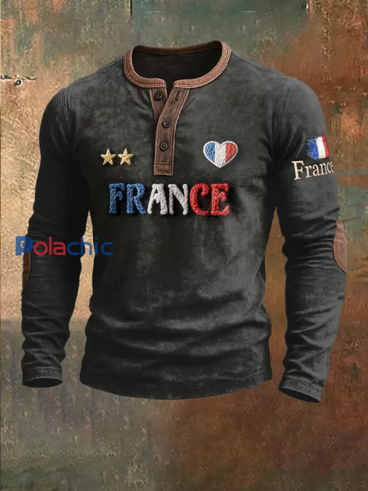 Sweat-shirt à manches longues en patchwork pour hommes avec drapeau français Noir / S