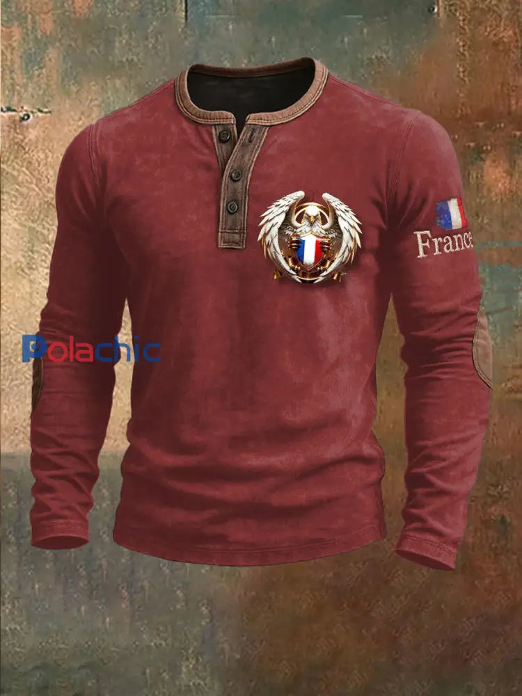 Sweat-shirt à manches longues pour homme Drapeau français Eagle Patchwork Rouge / S