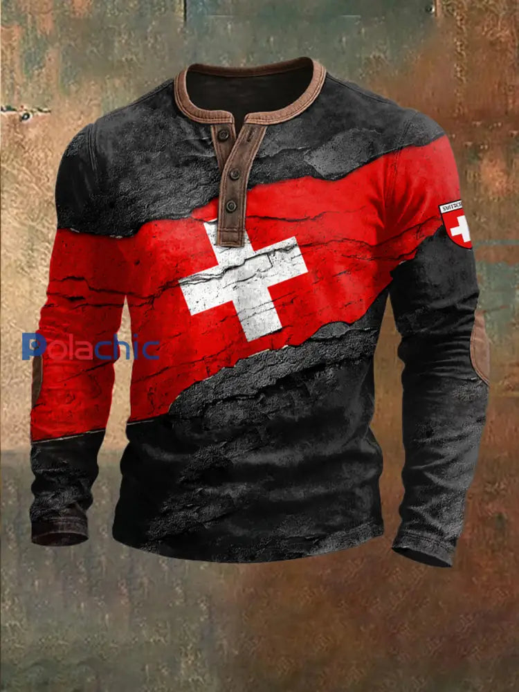 Sweat-shirt à motif de drapeau suisse pour hommes Noir / S