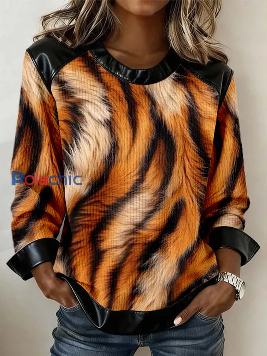 Sweat-shirt à patchwork en cuir à motif léopard vintage pour femmes comme image / S