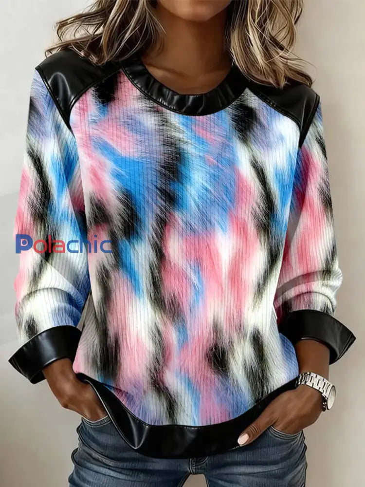 Sweat-shirt à patchwork en cuir à motif léopard vintage pour femmes comme image / S