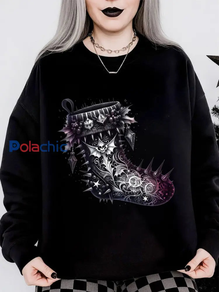 Sweat-shirt col rond à manches longues et imprimé gothique de Noël pour femmes Noir / S