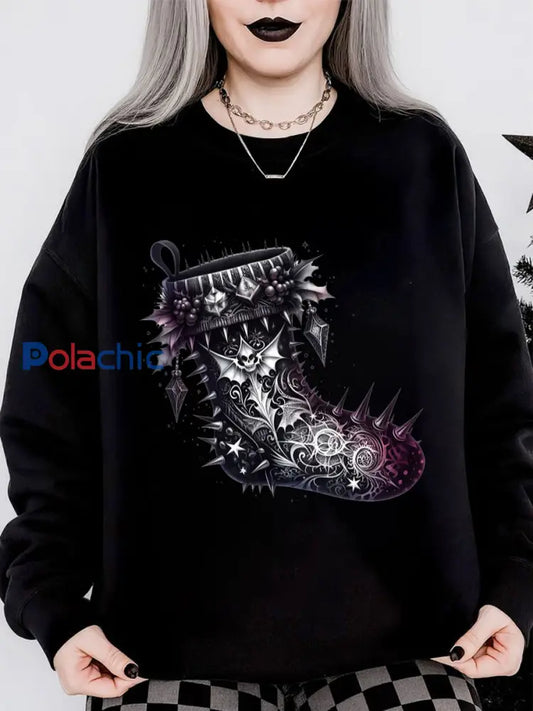 Sweat-shirt col rond à manches longues et imprimé gothique de Noël pour femmes Noir / S