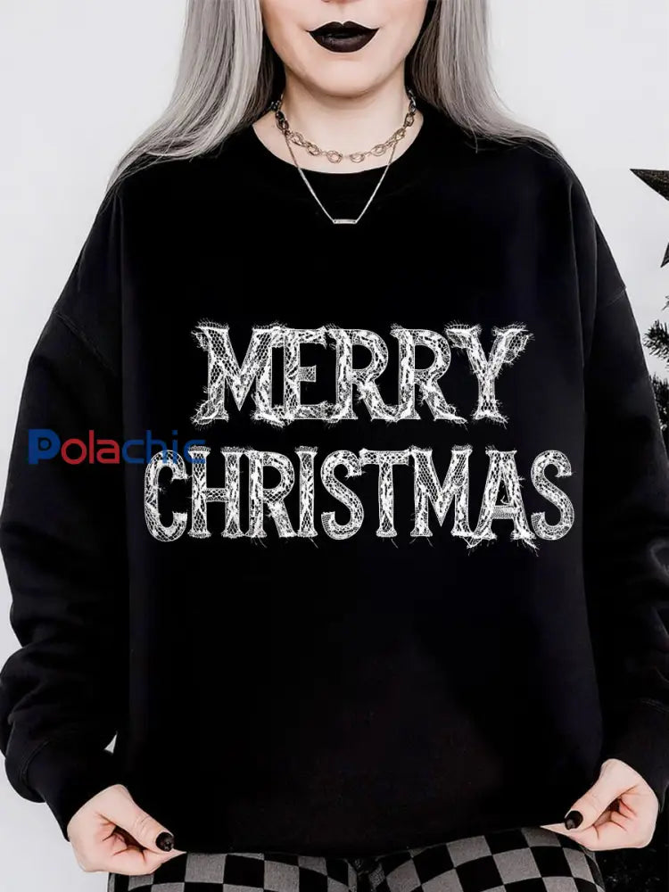 Sweat-shirt col rond à manches longues et imprimé gothique de Noël pour femmes Noir / S