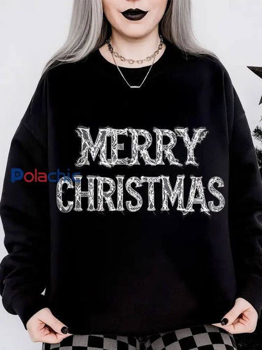 Sweat-shirt col rond à manches longues et imprimé gothique de Noël pour femmes Noir / S