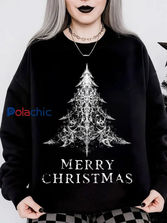 Sweat-shirt col rond à manches longues imprimé arbre de Noël gothique pour femmes Noir / S