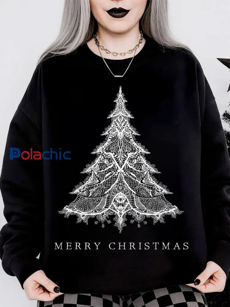 Sweat-shirt col rond à manches longues imprimé arbre de Noël gothique pour femmes Noir / S