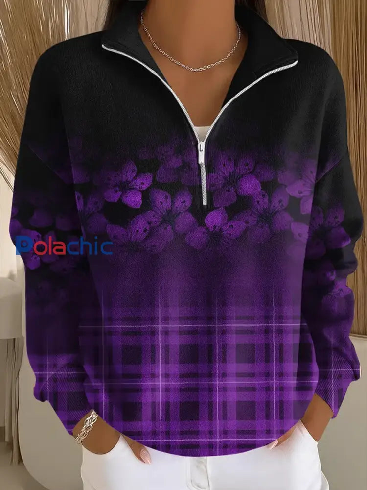 Sweat-shirt confortable à imprimé floral rétro pour femmes Violet / S