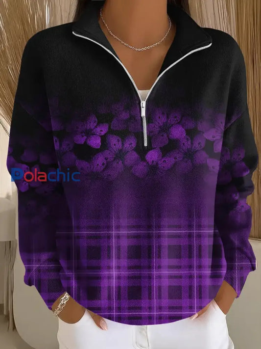 Sweat-shirt confortable à imprimé floral rétro pour femmes Violet / S