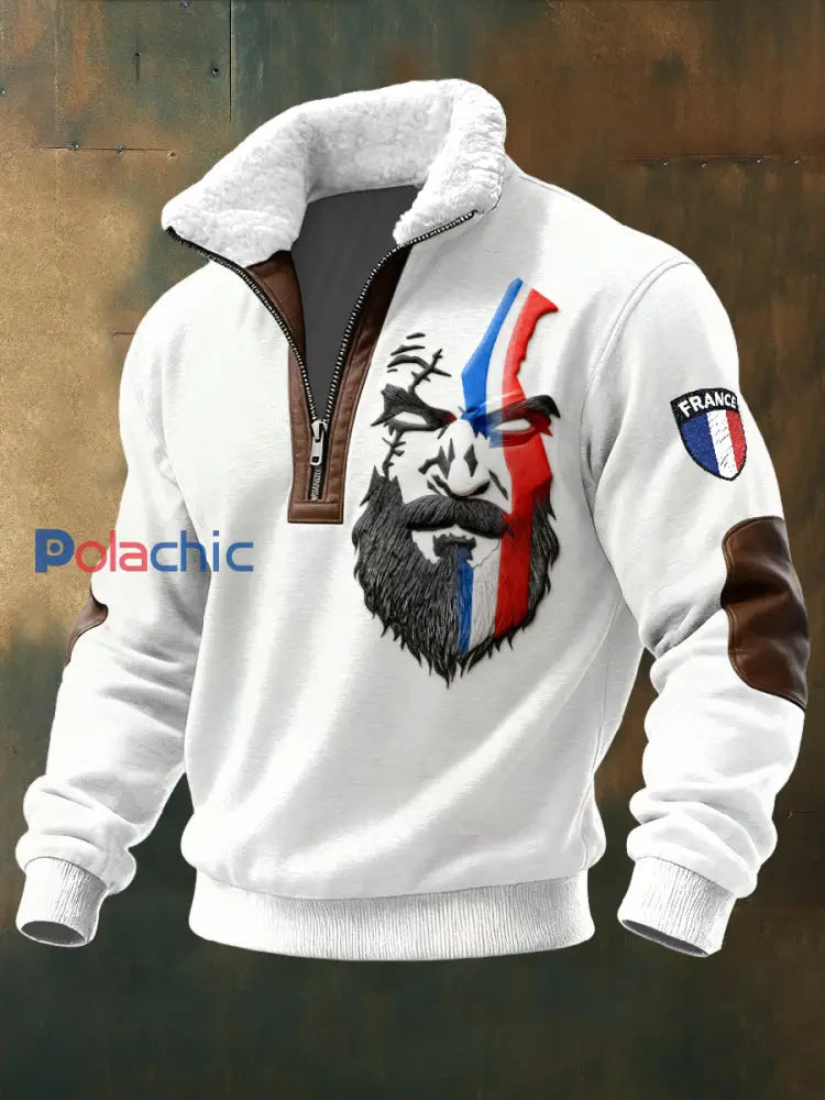 Sweat-shirt décontracté à col montant pour homme drapeau français blanc Blanc / S