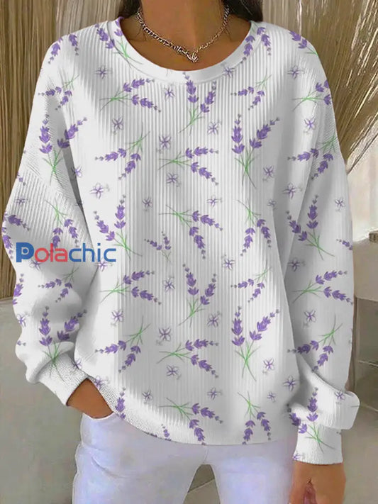 Sweat-shirt décontracté à col rond côtelé à fleurs violettes pour femmes Blanc / S